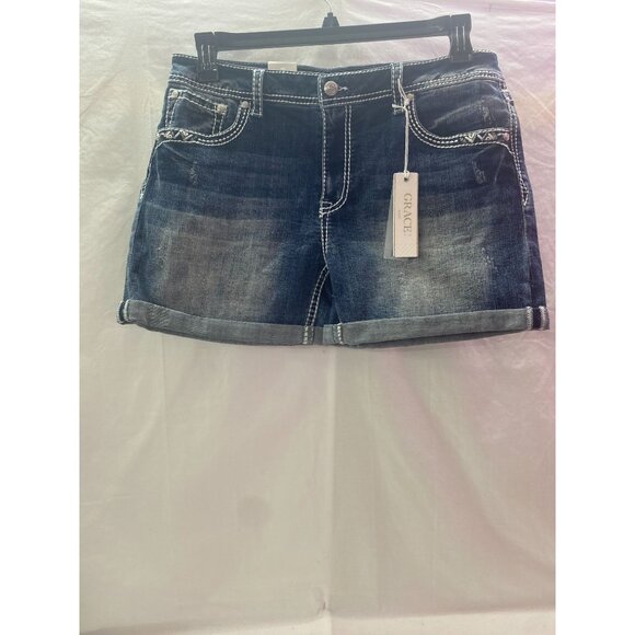 Nwt Grace in LA Women's Embellished Pocket Denim SZ 32 Easy Fit Distressed Short - Picture 1 of 15